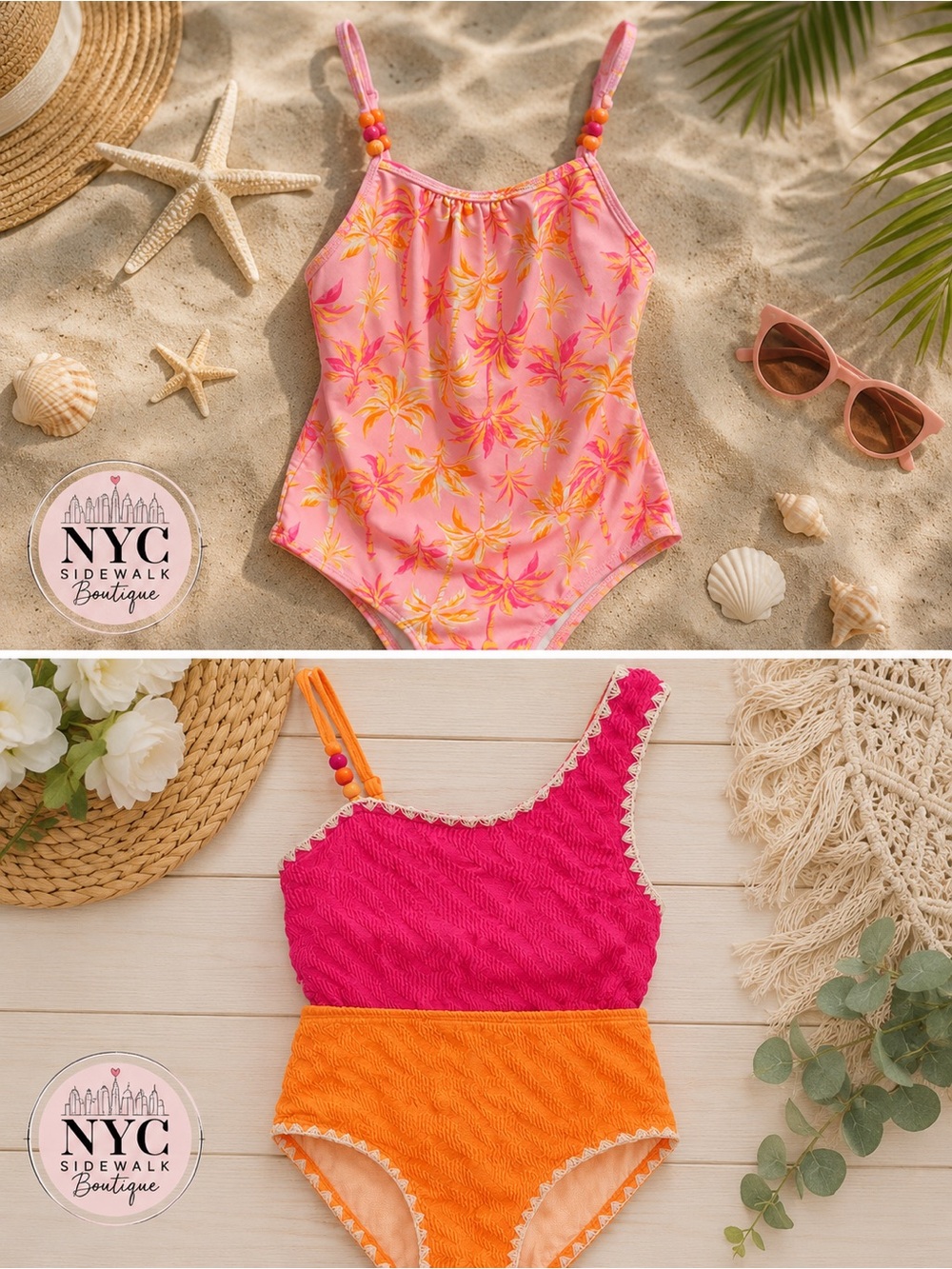 NYC Sidewalk Boutique, 2 Young Hearts Pink & Orange Tropical One-Piece Swimsuit